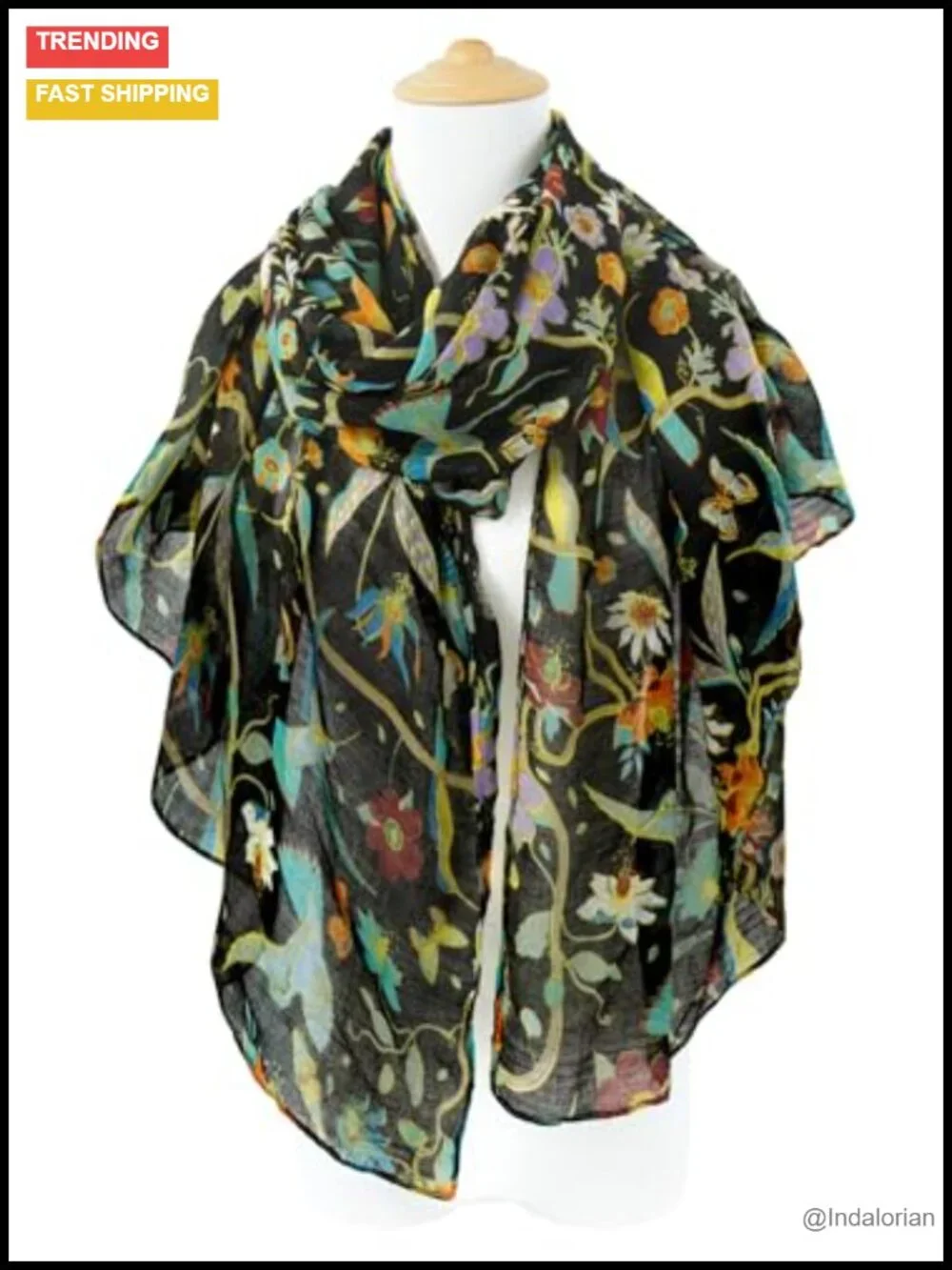 Lightweight Floral Bird Print Cotton Scarf Wrap Shawl